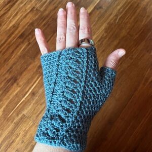 Handmade Soft Teal Crochet Fingerless Gloves with pretty design